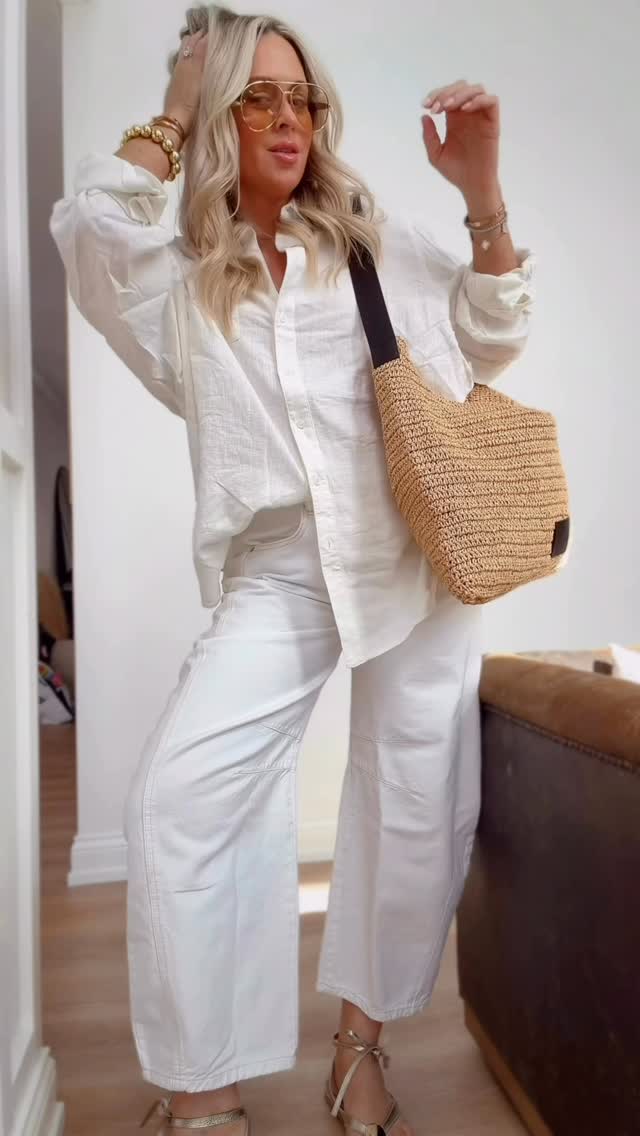the “IT” linen button down of the season- a closet staple, vacation uniform, timeless, effortless & versatile🤍🔥
CommenT: LINEN for a DM to shop or head to my bio! 

This look is in my bag & so is my steamer but it was too good not to show you all before it’s gone. I love the soft white of this one and the oversized fit that doubles as a cover to. One of my key pieces in my wardrobe is a linen button down. Jeans are also most loved in my LTK! ✨🚨

Casual, outfits, spring 2026, women’s fashion, travel, resort wear, weekend, spring outfits, jeans, denim, white pants, linen, style over 40, sandals, raffia bag, FP me