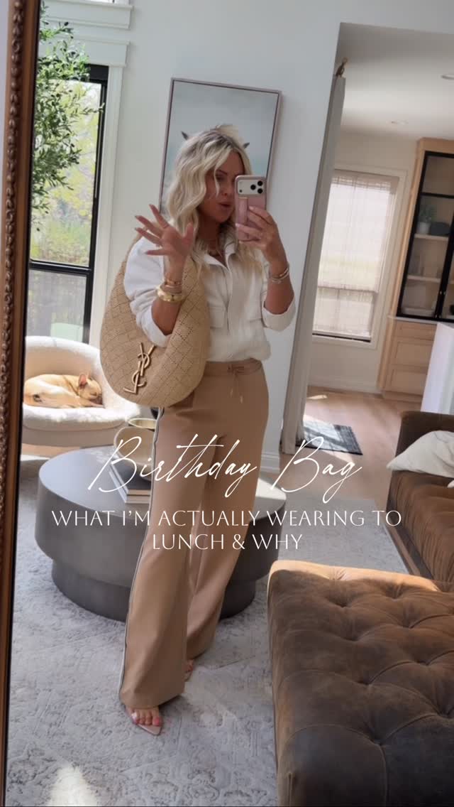 had to share this bag😍! Fun little surprise + what I’m actually  wearing to lunch today! 
CommenT: MAY for a DM to shop or head to my bio! 

Love these pants so much! Can wear to work too! Have a great day! Off to celebrate with some lunch and champs🥂🎂 & the sun came out! Thank you, Mom🥹🪽☀️! Miss you big today and always! She always made birthdays so special. 

Spring pants, ootd, track pants, ysl, designer bag, review, gifts for her, luxe gifts, women’s fashion, style over 40, weekend, lunch, Chicago, spring 2026, workwear, resort wear, sports mom, casual outfit, spring fashion, spring tops, raffia