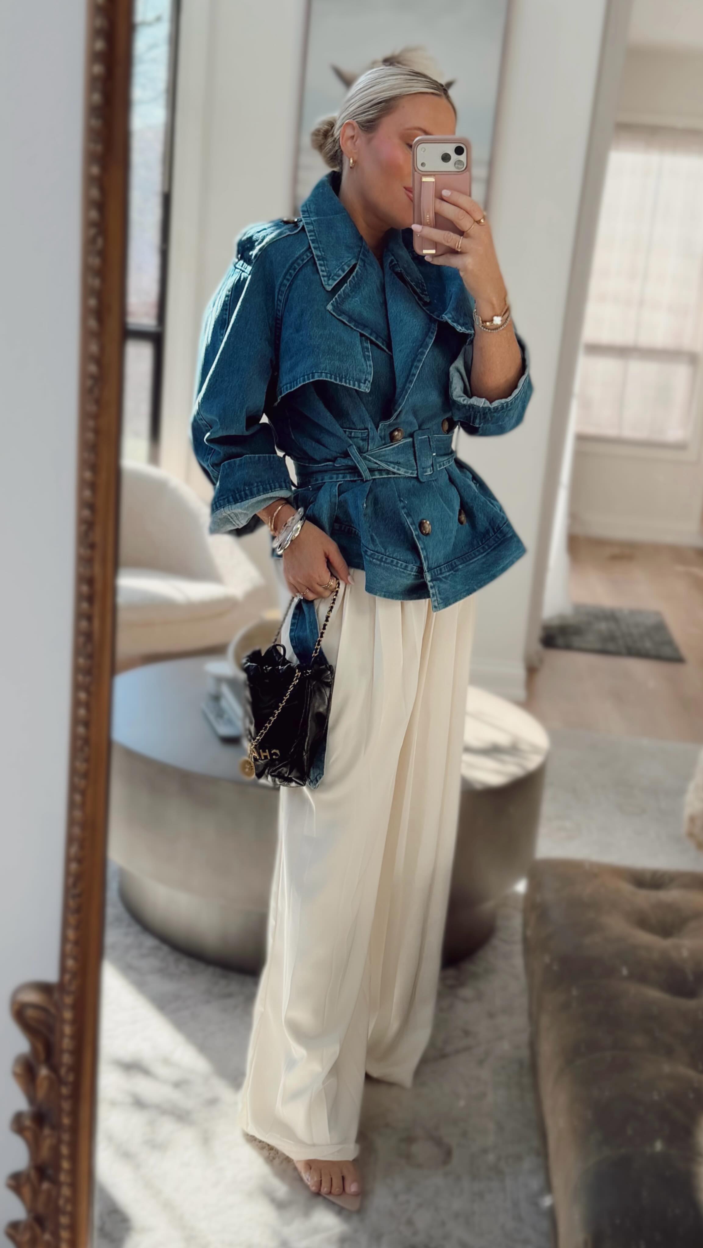 obsessed with this entire outfit🔥🤍… these are the prettiest white pants I’ve ever tried on & you will not believe the price ladies- under $90 and they come in three colors! 

Comment PANTS and I’ll DM you the details to shop this look🤍.

The silhouette is so flattering and they move beautifully. I paired them with this belted denim jacket and instantly loved the whole look. 3 colors. Think graduations, bridal or baby showers, dinners, Easter, spring events, vacations… the options are endless! IN LOVE✨😍

Now help me decide-
Do we like it better with the black bag or a straw bag?👀

Wearing a medium in the pants and S/M in the jacket.

white pants outfit. wide leg white pants. spring outfit ideas. graduation outfit. bridal shower outfit. easter outfit. chic spring outfit. neutral outfit ideas. denim jacket outfit. elegant casual outfit. spring style. dinner outfit idea. shower outfit idea. White pants. Satin pants.