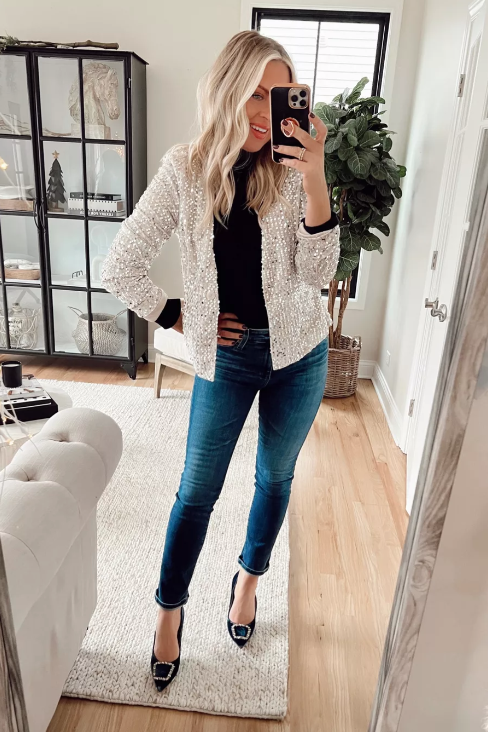 Holiday Outfits With Jeans and Heels - Stitch & Salt