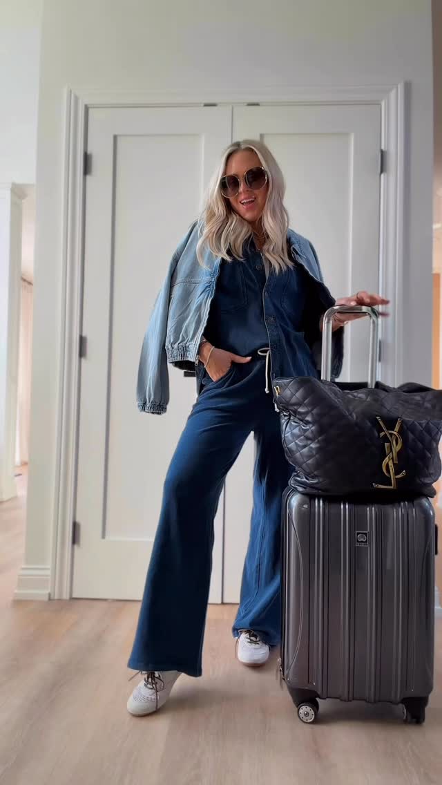 got stopped about this knit denim set! Of course in the Starbucks line with the teen😅✈️… worth it! Lines were a breeze today! Unusual for ORD! 
CommenT: CHICAGO for a DM to shop or head to my bio!

If you want comfy but elevated this knit denim set is sold as separates and lovely. More colors- I also have the light washed and cropped jacket! It’s a hit! 🔥🤍Officially OOO☀️✈️✔️! Spring break 2026 here we come! 🌴

Spring break, Chicago, airport, travel, airport outfit, lounge set, resort wear, sneakers, matching set, knit denim, travel outfit, spring 2026, casual outfit, casual outfits, denim, jeans, spring outfits